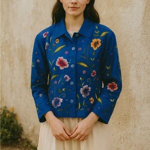 Elegant Floral Embroidered Silk‎ Blue Jacket
